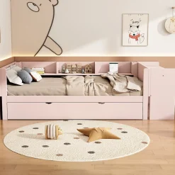 Redom Lit 90x200 cm avec lit gigogne et bureau intégré, 3 étagères latérales, pin massif et MDF, design moderne rose Hot