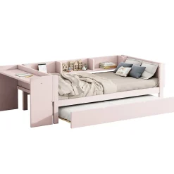 Redom Lit 90x200 cm avec lit gigogne et bureau intégré, 3 étagères latérales, pin massif et MDF, design moderne rose Hot