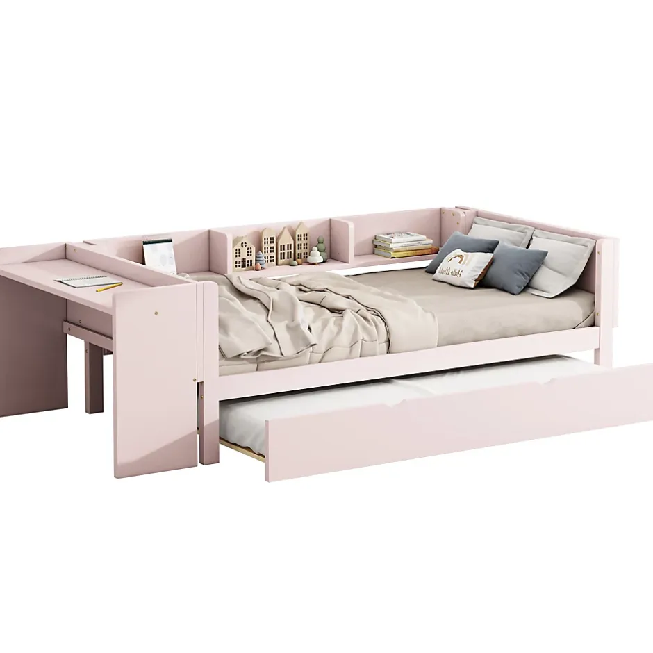 Redom Lit 90x200 cm avec lit gigogne et bureau intégré, 3 étagères latérales, pin massif et MDF, design moderne rose Hot