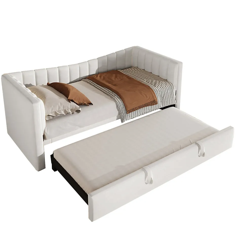Redom Lit 90x200 cm avec lit gigogne réglable, revêtement velours blanc, style minimaliste et structure MDF