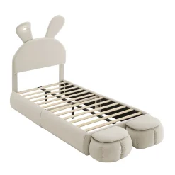 Redom Lit 90x200 cm avec oreilles de lapin et éclairage Led réglable, revêtement velours beige, 2 poufs de rangement Outlet