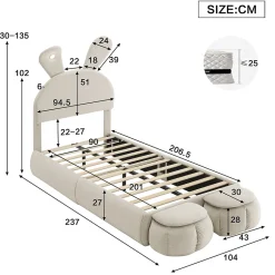 Redom Lit 90x200 cm avec oreilles de lapin et éclairage Led réglable, revêtement velours beige, 2 poufs de rangement Outlet