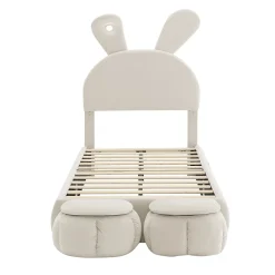 Redom Lit 90x200 cm avec oreilles de lapin et éclairage Led réglable, revêtement velours beige, 2 poufs de rangement Outlet