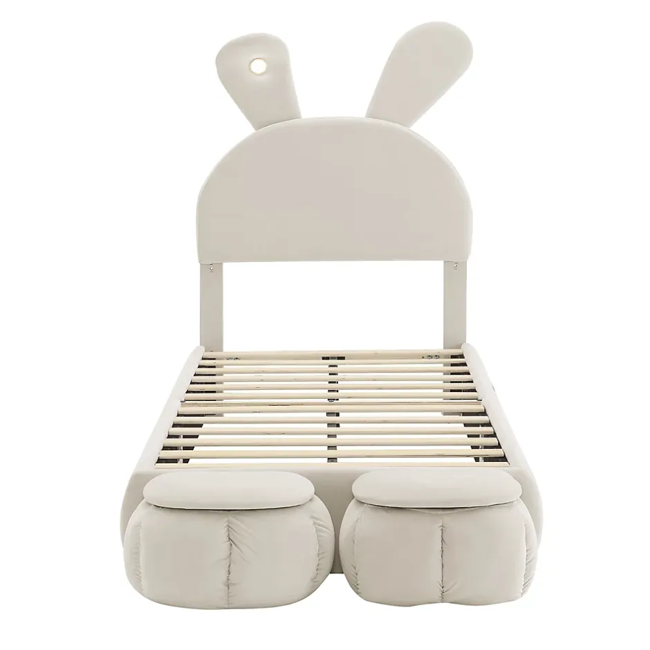 Redom Lit 90x200 cm avec oreilles de lapin et éclairage Led réglable, revêtement velours beige, 2 poufs de rangement Outlet