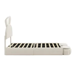 Redom Lit 90x200 cm avec oreilles de lapin et éclairage Led réglable, revêtement velours beige, 2 poufs de rangement Outlet