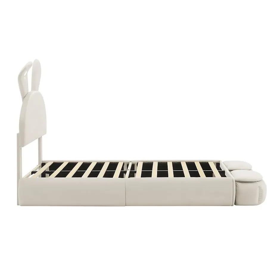 Redom Lit 90x200 cm avec oreilles de lapin et éclairage Led réglable, revêtement velours beige, 2 poufs de rangement Outlet