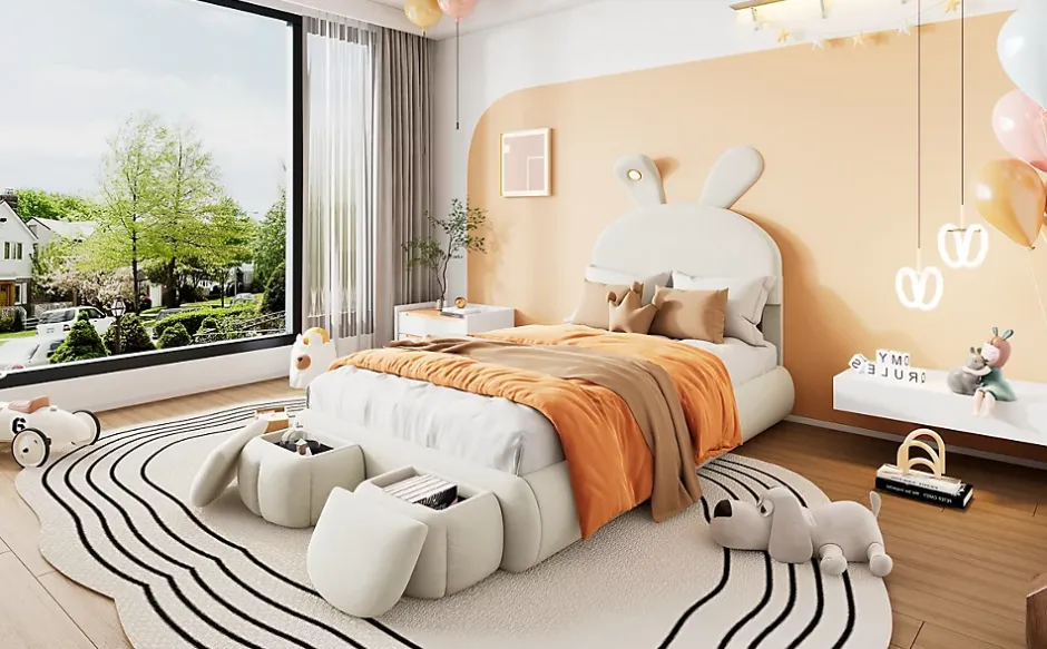 Redom Lit 90x200 cm avec oreilles de lapin et éclairage Led réglable, revêtement velours beige, 2 poufs de rangement Outlet