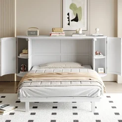 Enfant Redom Lit 140x200 cm avec portes en rotin, design gain de place, rangements latéraux intégrés, finition blanche