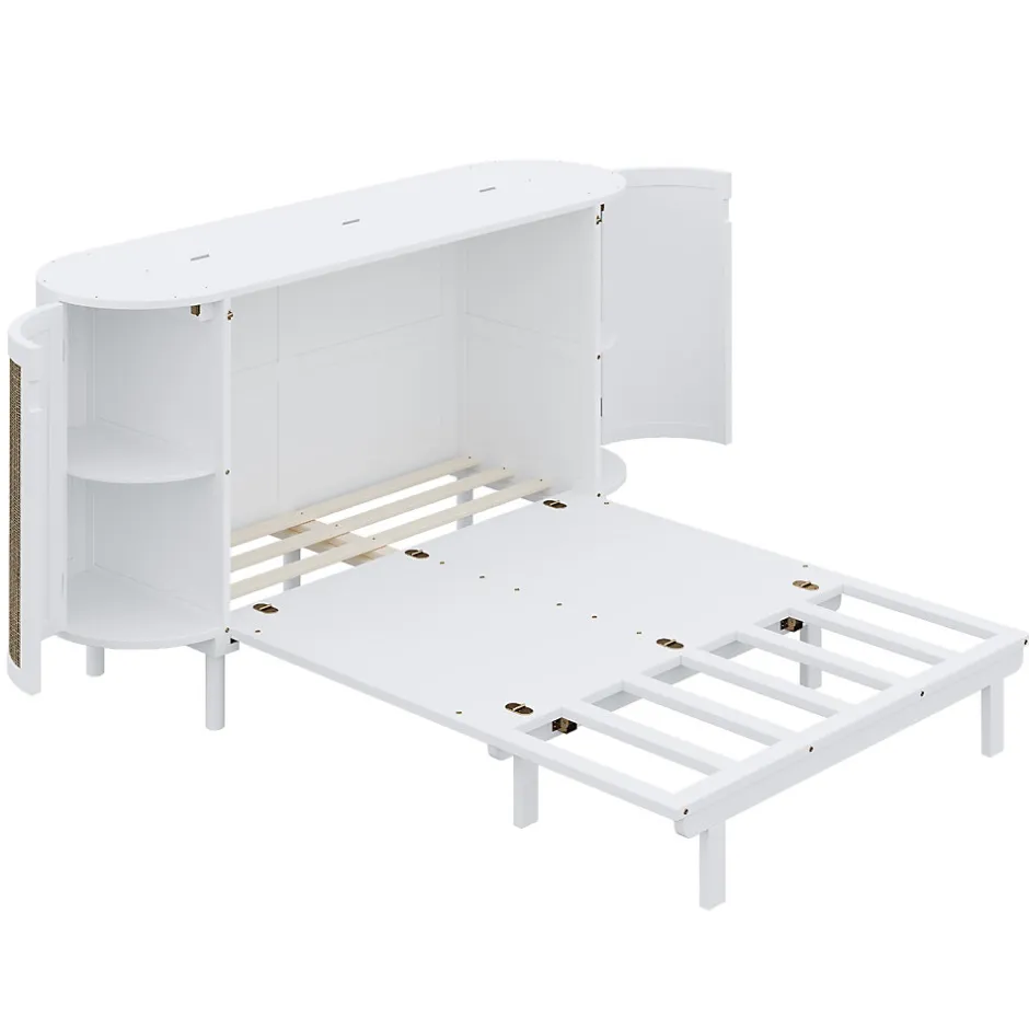 Enfant Redom Lit 140x200 cm avec portes en rotin, design gain de place, rangements latéraux intégrés, finition blanche
