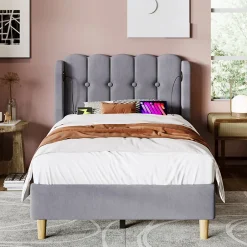 Redom Lit 90x200 cm avec ports USB et Type C tête de lit à panneaux tapissée lin gris cadre rembourré robuste