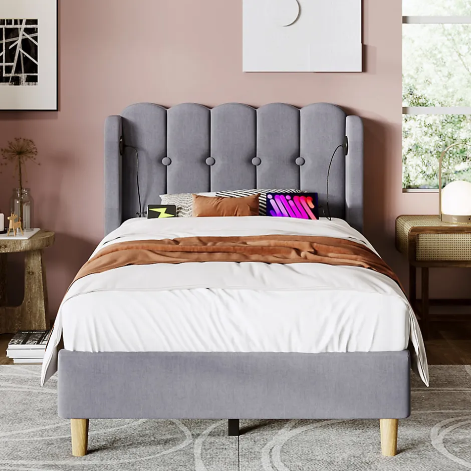 Redom Lit 90x200 cm avec ports USB et Type C tête de lit à panneaux tapissée lin gris cadre rembourré robuste