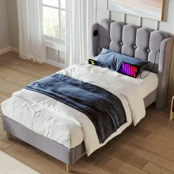 Redom Lit 90x200 cm avec ports USB et Type C tête de lit à panneaux tapissée lin gris cadre rembourré robuste