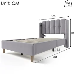 Redom Lit 90x200 cm avec ports USB et Type C tête de lit à panneaux tapissée lin gris cadre rembourré robuste
