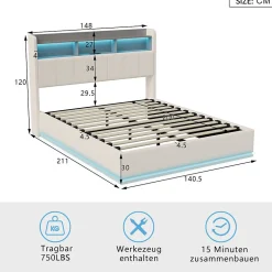 Fortuna lai Lit 140x200 cm, avec quatre tiroirs, éclairage LED réglable, 2 USB et 1 fonction de charge tpcy-c, flanelle, Gris
