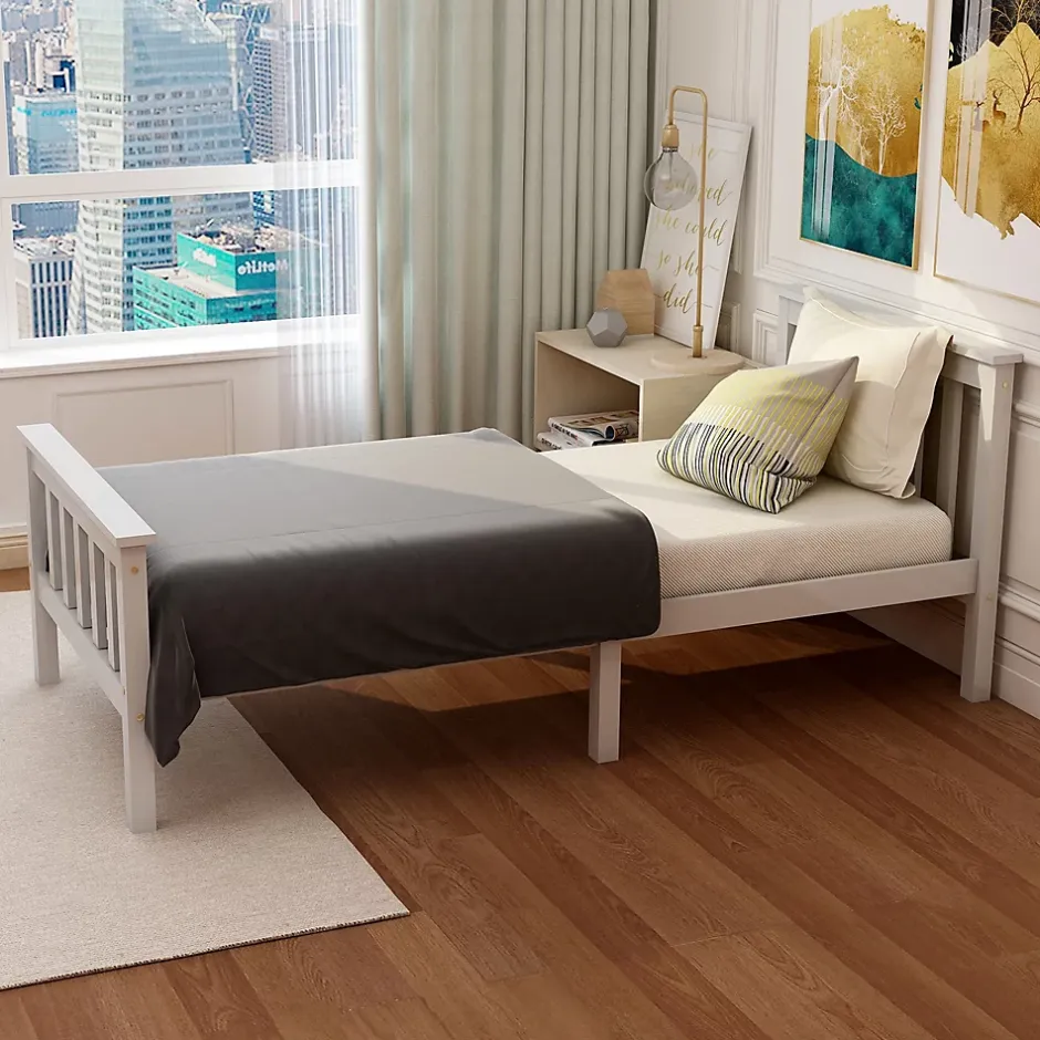 Redom Lit 90x200 cm avec rangement bas et sommier à lattes, cadre pin massif blanc design minimaliste Outlet