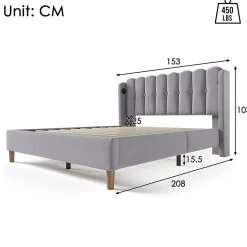 Redom Lit 140x200 cm avec rangement d'appoint et tête de lit tapissée en lin gris, charge USB-C intégrée Clearance