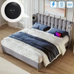Redom Lit 140x200 cm avec rangement d'appoint et tête de lit tapissée en lin gris, charge USB-C intégrée Clearance
