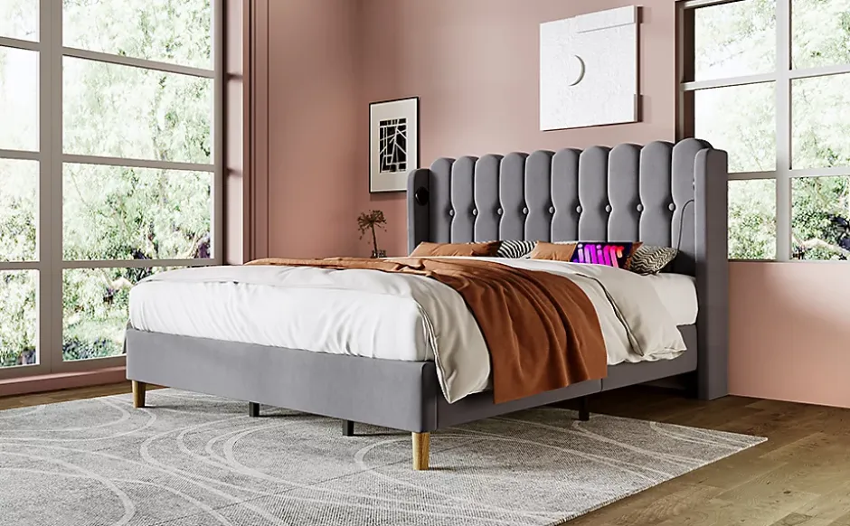 Redom Lit 140x200 cm avec rangement d'appoint et tête de lit tapissée en lin gris, charge USB-C intégrée Clearance