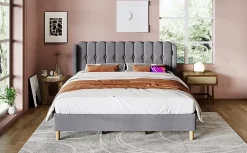 Redom Lit 140x200 cm avec rangement d'appoint et tête de lit tapissée en lin gris, charge USB-C intégrée Clearance