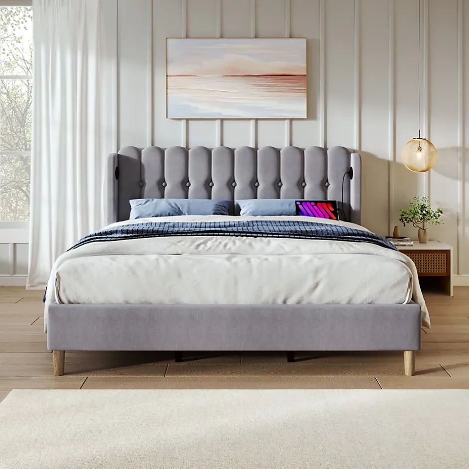 Redom Lit 140x200 cm avec rangement d'appoint et tête de lit tapissée en lin gris, charge USB-C intégrée Clearance