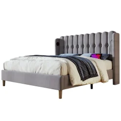 Redom Lit 140x200 cm avec rangement d'appoint et tête de lit tapissée en lin gris, charge USB-C intégrée Clearance