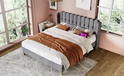 Redom Lit 140x200 cm avec rangement d'appoint et tête de lit tapissée en lin gris, charge USB-C intégrée Clearance
