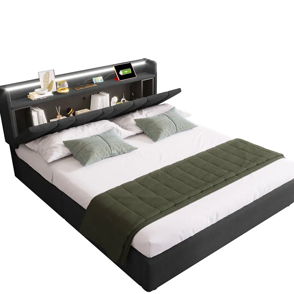 Redom Lit 140x200 cm avec rangement et tete de lit equipee de prises USB Type C, LED RGBW, tapisse lin gris