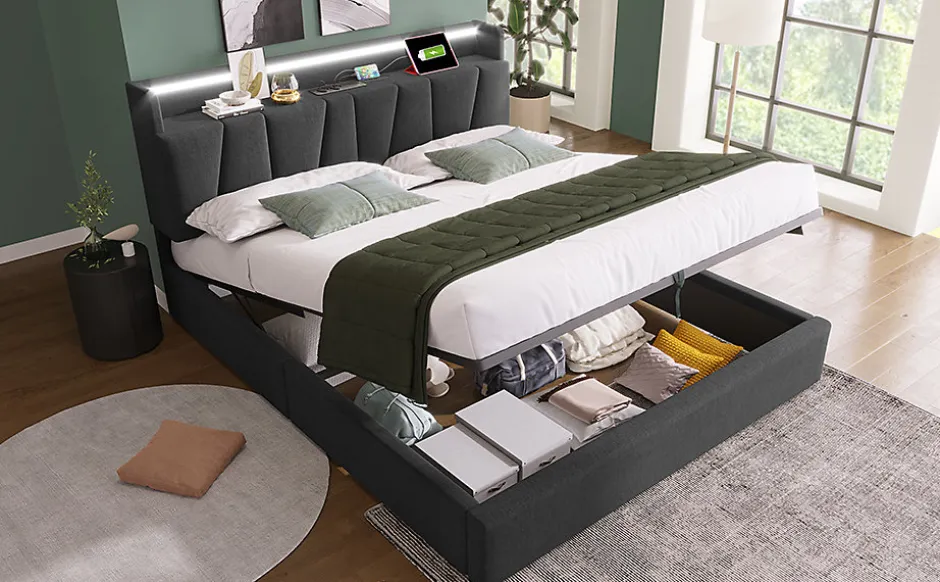 Redom Lit 140x200 cm avec rangement et tete de lit equipee de prises USB Type C, LED RGBW, tapisse lin gris