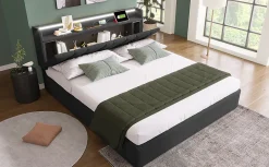 Redom Lit 140x200 cm avec rangement et tete de lit equipee de prises USB Type C, LED RGBW, tapisse lin gris