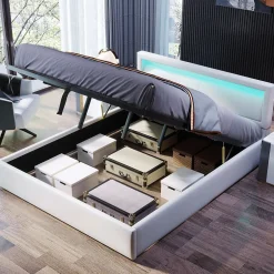 Redom Lit 140x200 cm avec rangement et tête de lit rembourrée éclairée, revêtement PU blanc, cadre MDF