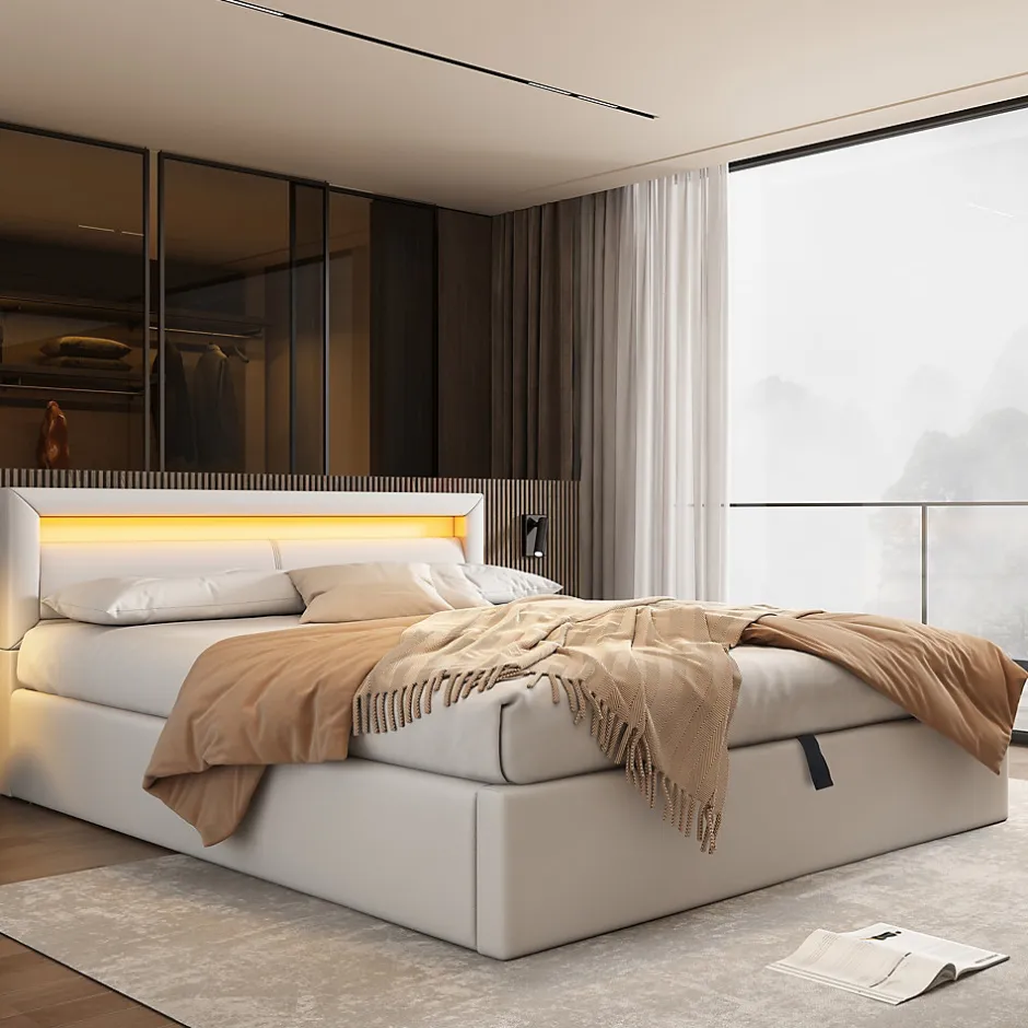Redom Lit 140x200 cm avec rangement et tête de lit rembourrée éclairée, revêtement PU blanc, cadre MDF