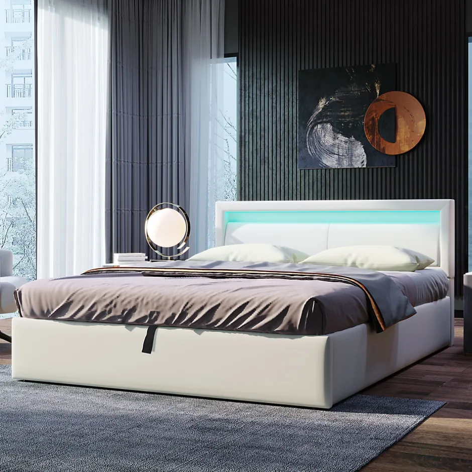 Redom Lit 140x200 cm avec rangement et tête de lit rembourrée éclairée, revêtement PU blanc, cadre MDF