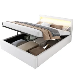 Redom Lit 140x200 cm avec rangement et tête de lit rembourrée éclairée, revêtement PU blanc, cadre MDF