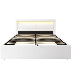 Redom Lit 140x200 cm avec rangement et tête de lit rembourrée éclairée, revêtement PU blanc, cadre MDF