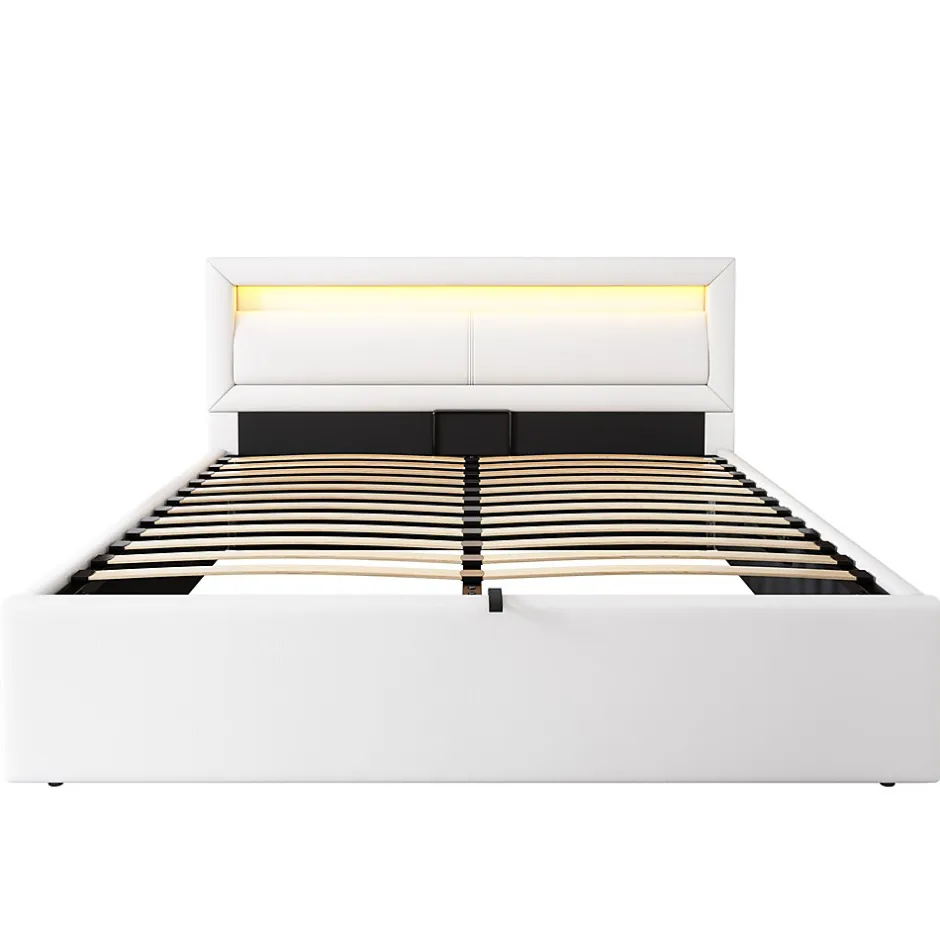 Redom Lit 140x200 cm avec rangement et tête de lit rembourrée éclairée, revêtement PU blanc, cadre MDF