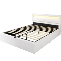 Redom Lit 140x200 cm avec rangement et tête de lit rembourrée éclairée, revêtement PU blanc, cadre MDF
