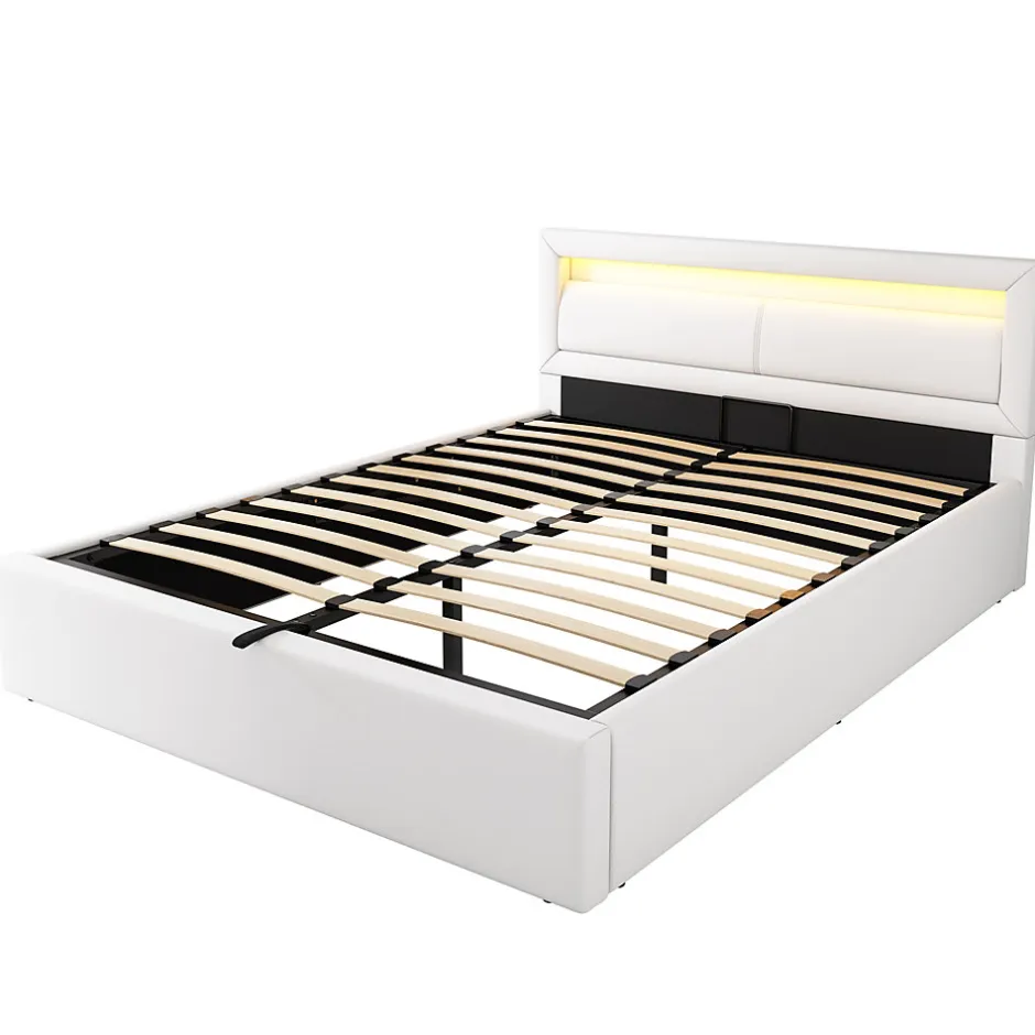 Redom Lit 140x200 cm avec rangement et tête de lit rembourrée éclairée, revêtement PU blanc, cadre MDF
