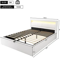 Redom Lit 140x200 cm avec rangement et tête de lit rembourrée éclairée, revêtement PU blanc, cadre MDF