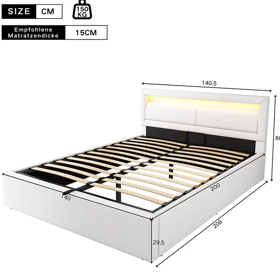 Redom Lit 140x200 cm avec rangement et tête de lit rembourrée éclairée, revêtement PU blanc, cadre MDF