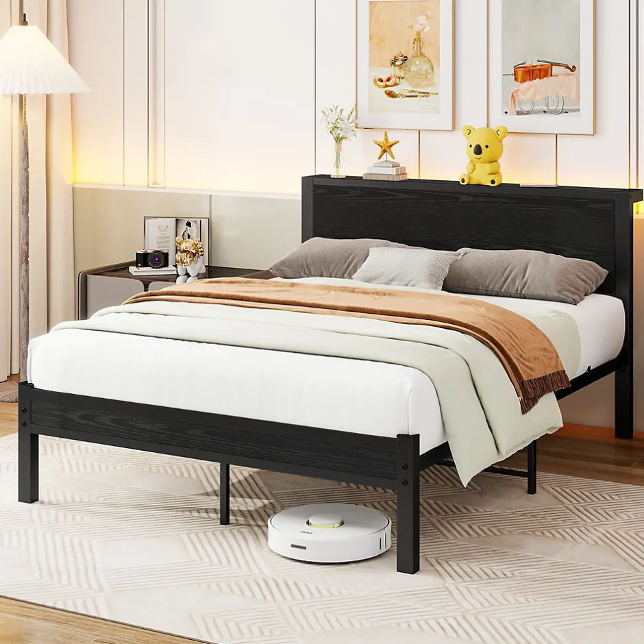 Redom Lit 140x200 cm avec rangement et tête de lit en MDF, cadre métal noir, design moderne et intemporel