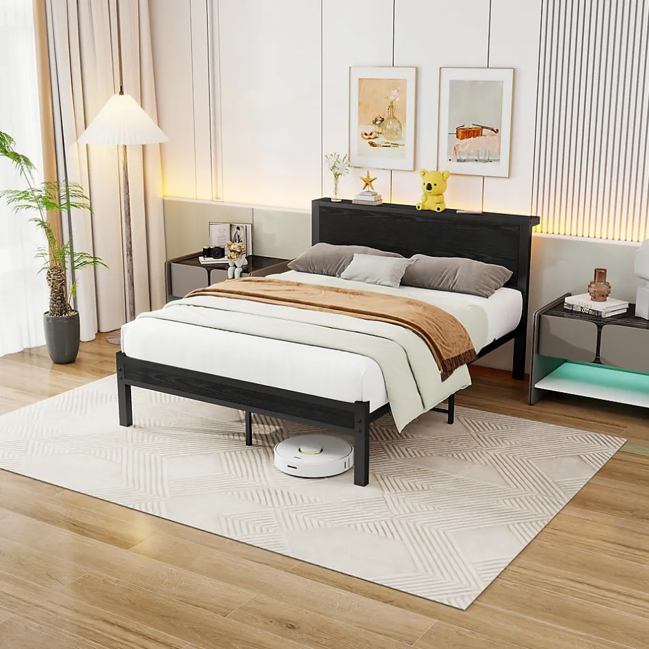Redom Lit 140x200 cm avec rangement et tête de lit en MDF, cadre métal noir, design moderne et intemporel