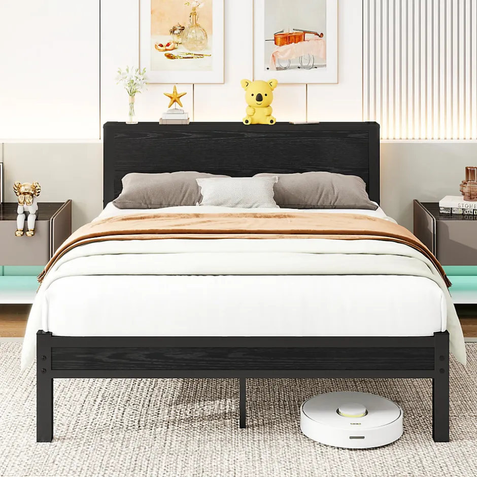 Redom Lit 140x200 cm avec rangement et tête de lit en MDF, cadre métal noir, design moderne et intemporel
