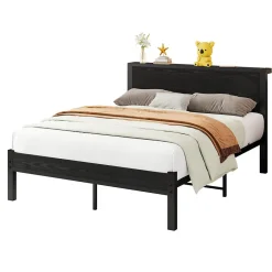 Redom Lit 140x200 cm avec rangement et tête de lit en MDF, cadre métal noir, design moderne et intemporel
