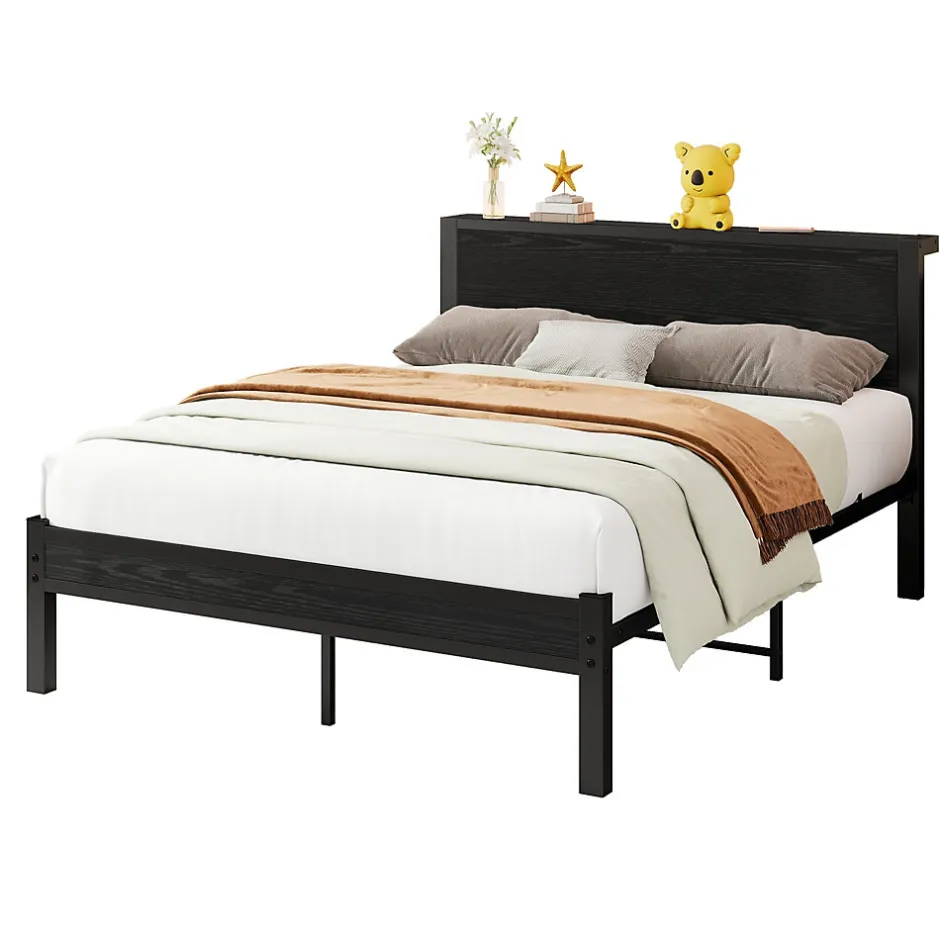 Redom Lit 140x200 cm avec rangement et tête de lit en MDF, cadre métal noir, design moderne et intemporel