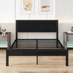Redom Lit 140x200 cm avec rangement et tête de lit en MDF, cadre métal noir, design moderne et intemporel