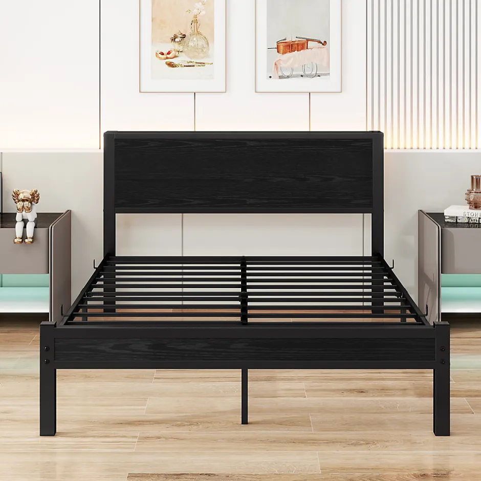 Redom Lit 140x200 cm avec rangement et tête de lit en MDF, cadre métal noir, design moderne et intemporel