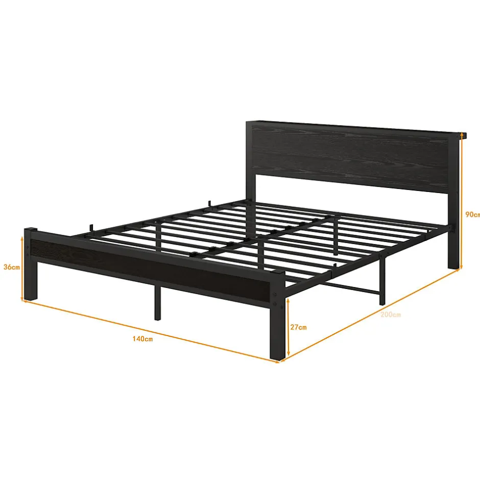 Redom Lit 140x200 cm avec rangement et tête de lit en MDF, cadre métal noir, design moderne et intemporel