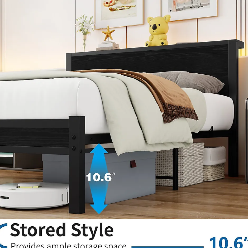 Redom Lit 140x200 cm avec rangement et tête de lit en MDF, cadre métal noir, design moderne et intemporel