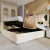 Redom Lit 160x200 cm avec rangement et tête de lit réglable en tissu beige riveté, lampe de lecture et ports USB