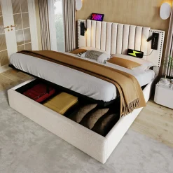 Redom Lit 160x200 cm avec rangement et tête de lit réglable en tissu beige riveté, lampe de lecture et ports USB